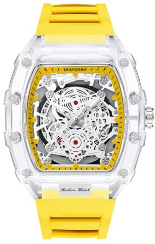 rorios Durchsichtig Tonneau Armbanduhren für Herren Analog Quarz Herrenuhren Mode Silikon Uhr Leuchtend Datum Kalender Uhr für Männer Gelb