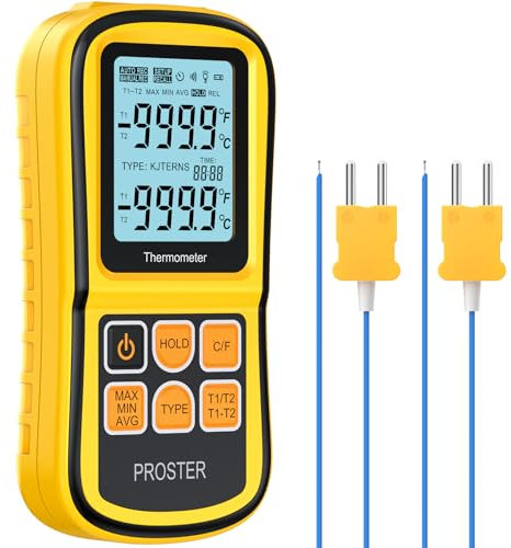 Proster Dual Channel Thermocouple Thermometer – K/J/T/E/R/S/N Types Digital Temperature Gauge, Multifunction Digital Thermometer with LED Backlight, Temperature Probe for Laboratory & Industrial Use