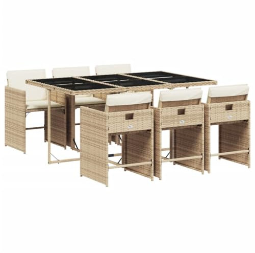 vidaXL Garten Essgruppe 7-TLG., Gartenmöbel Set Tisch mit Glasplatte 6 Stühle, Gartengarnitur mit Kissen, Sitzgruppe Terrasse, Beige Poly Rattan