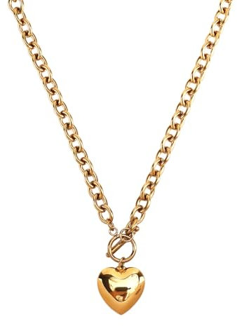 Mikovivi Chunky Heart Necklace, Heart Pendant Chain Necklace Statement Necklace Toggle Necklaces Link Necklaces Chunky Jewelry Necklace Jewelry Gifts for Women (Gold)