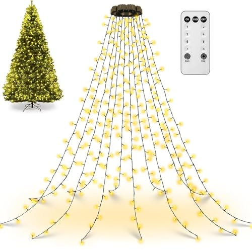 Weihnachtsbaum-Wasserfalllichter mit Ring, Lichterkette Weihnachtsbaum mit ring, 1.5M 200 LED Lichterkette außen, LED Weihnachtsbeleuchtung mit 8 Modi und Fernbedienung für Weihnachtsdeko (Warm)