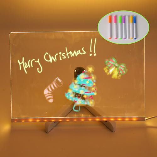 Led Maltafel Kinder,Nachrichtentafel Mit LED-Leuchten, Transparente Acryl Tafel Notiztafel Abwischbar Drawing light,Mit 7 Neonstiften,Kreatives Geschenk Für Kinder Freundin(30 x 20 cm)