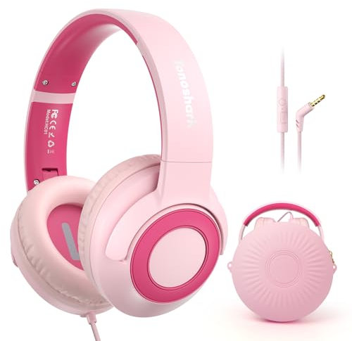 TONOSHARK Cuffie Bambini Con Filo, Cuffiette Bambini Con Microfono, Volume Limitato a 85/94 Db, Pieghevoli, Jack Da 3,5 mm, Custodia Cuffie, Per Ragazzi e Bambina, Per Scuola e Viaggi, (rosa)