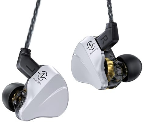 keephifi CCZ BC04 PRO IEM Earphones, 10mm Dual Magnetic DD and 1 BA Hybrid, 3.5mm Plug Earbuds Wired 4 Cores 5N OFC Cable, Excellent Bass Depth DJ Headphones for Musicians (Silver, No Mic)