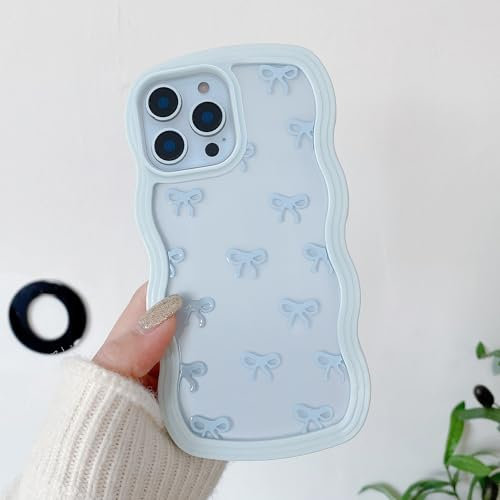 QLTYPRI Bow Case for iPhone 12/iPhone 12 Pro, Clear Cute Ribbon Bow Phone Case Curly Wavy Aesthetic Phone Case, Slim Soft Transparent Shockproof Protective Cover for Women Girls - Light Blue