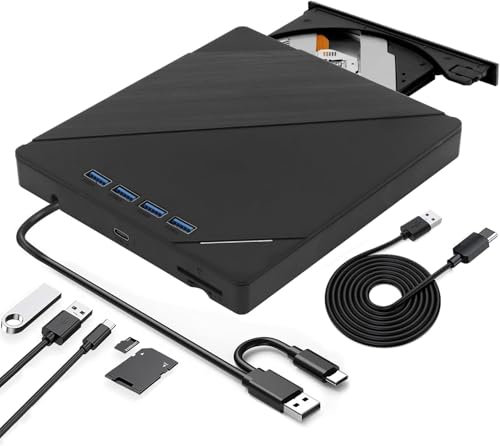 New External Blu-ray Drive -7 in 1 BD External Blu Ray Drive, USB 3.0 & Type-C BD/CD/DVD +/-Rw Reader Player, 3D Slim Blu Ray Burner Writer, Optical Bluray Drive for Mac OS Laptop Windows XP/7/8/10/11