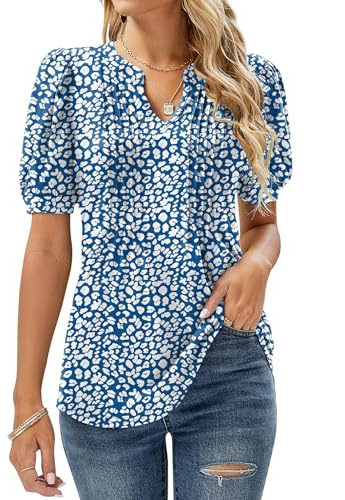 EFFAN Women's Floral Printed V-Neck Puff Sleeve Tunic Blouse T-Shirt