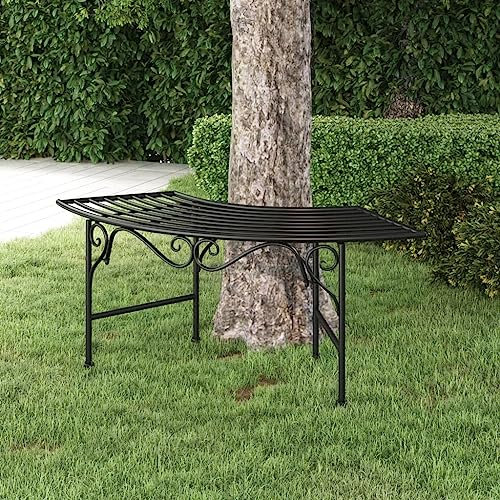 Baumbank Wetterfest Metall Garten Bank Sitzbank Parkbank Halbrundbank Bank Halbkreis Terrassenbank Metallbank, Schwarz 113 x 50,5 x 40,5 cm
