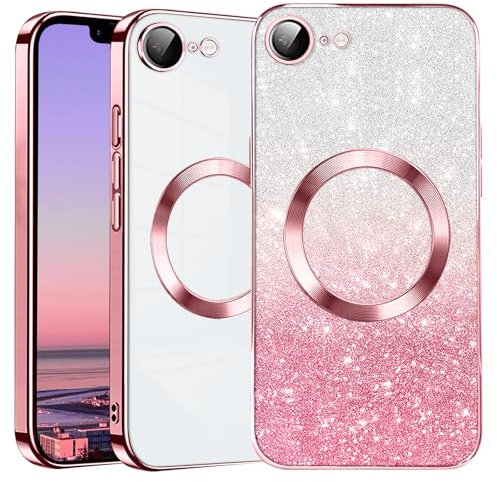 Kainevy pour Coque iPhone 16e Silicone Transparente Magnétique Paillette pour MagSafe avec Protection Camera, Housse Etui Antichoc Aesthetic Ultra Fine pour Apple iPhone 16e (Rose)