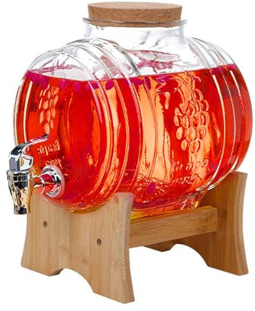 Dispensador de bebidas en forma de barril de cristal de 3 a 5 L, juego de decantador de whisky con soporte, dispensador de licor
