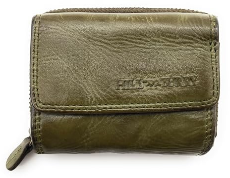 Kompakte Geldbörse aus echtem Leder für Damen & Herren – kleines Portemonnaie mit RFID-Schutz, 2 Geldscheinfächer, Reißverschluss-Münzfach, echtes Leder (Waschleder olivgrün)