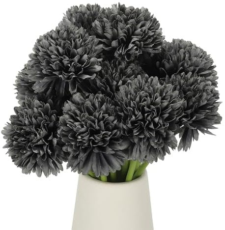 sourcing map 12 Pcs Artificial Chrysanthemums Fake Flowers, Faux Silk Artificial Flowers for Outdoors Indoor Wedding Table Centerpiece Home Decor, Grey-black