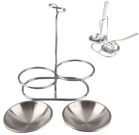 lvifloae Vertical Soup Ladle Holder Stainless Steel Cooking Spoon Holder Utensil Rest Kitchen Stand for Home Restaurant Hot Pot Dishwasher Safe Silver with 2 Plate