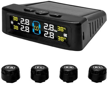 YTFRL Tire Pressure Monitoring System, Tire Monitoring System with Solar & USB Charger, 4 External Sensors, 6 Alarm Modes, Auto On/Off Real-time LCD Display Tyre Pressure Monitor