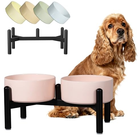 Double Gamelle Chien Surélevée Céramique - Gamelles Chien avec Support INOX pour Petit et Moyen Chiens - Bol Anti Éclaboussure Adorable pour Eau et Croquettes - 350g / 600ml - 15cm - Rose