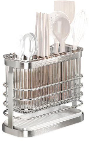 FEMONGY scolaposate da lavello, scola posate da cucina | Cestello Posate in Acciaio Inox con Scolapiatti, 3 Scomparti, Senza Fori, Fissaggio a Parete/Tavolo,Rimovibile, Argento