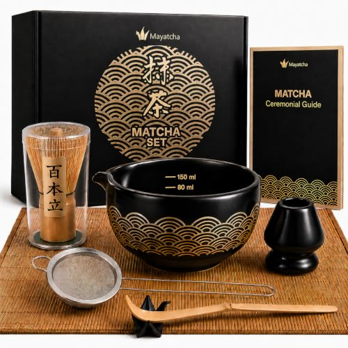 Matcha Kit Completo 8 Piezas Negro y Dorado – Matcha Set Premium con Batidor Bambú Chasen 100 Varillas, Bol con Vertedor y Marcas, Kit Te Matcha para Principiantes con Guía