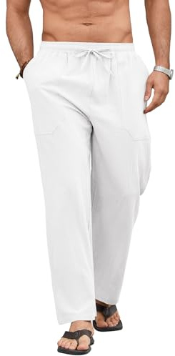Vorvowry Pantalon Lin Homme Été Léger Respirant Pantalon Décontracté Taille Élastique avec Cordon et Poches Longue Coupe Confortable