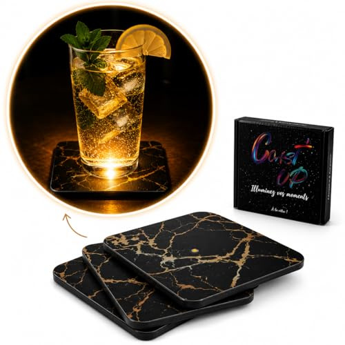 Coast’Up | Lot de 4 Dessous de Verre Lumineux LED Automatique | Ambiance Soirée, Apéro, Cocktail, Fête | Idée Cadeau Couple Originale, Crémaillère (9,3 cm x 9,3 cm)