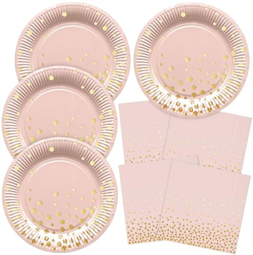 HNH Pappteller Set Rosa mit Goldfolie Gepunktet 40er-Set Partyteller mit Servietten