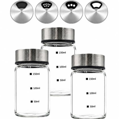 Glas Gewürzgläser, 150ml, Rostfreier Deckel mit 3 Lochgrößen, Luftdichte Behälter für Salz und Pfeffer, 3 Stück