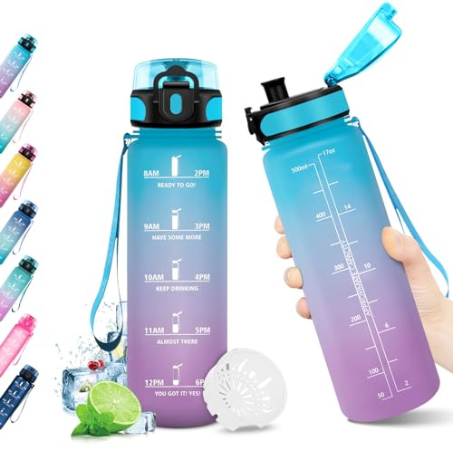 JAPORIA Botella Agua con Pajita, 500ml, Botella Agua Motivadora, sin BPA, Prueba de Fugas, Cantimplora para Adulto, Colegio, Gimnasio, Oficina, Bicicleta, Gym, Fitness