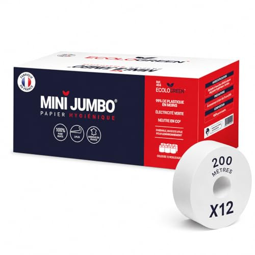 Lot de 12 Rouleaux Papier Toilette Mini Jumbo – 200 m, 2 Plis, 100% Pure Ouate de Cellulose Blanche, Fabriqué en France, Doux et Résistant - Papergooddeal,
