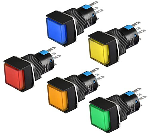 Heschen Interruptor de botón momentáneo cuadrado de 16 mm 1NO 1NC Rojo Azul Amarillo Verde Naranja 220V LED Lámpara