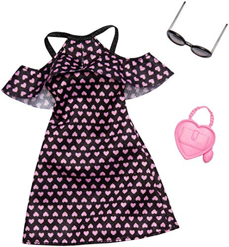 Barbie Mattel FXJ16 Cold-Shoulder-Dress schwar mit rosa Herzen - Fashion inkl. Brille und Tasche, Kleid, Mode, Fashion, Kleidung passend