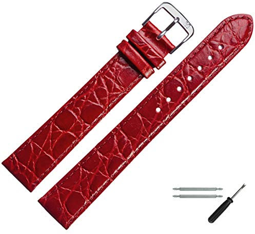 MARBURGER Uhrenarmband 14mm Leder Rot Silber XL Kroko Prägung Mit Naht - Montage Set 6811440000120