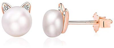 VU100 Boucles d'oreilles Chat pour Filles Femmes, Perle Chat Bijoux Argent Sterling 925/Plaqué Or Rose, Hypoallergénique, Enfants Cadeau d'anniversaire