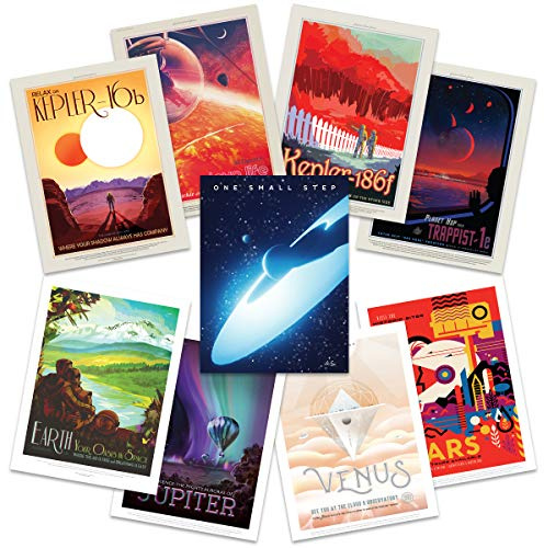 Artery8 NASA Space Grand Tour Travel Exploration Exoplanet Art Print Poster Home Decor Premium Pack of 9 - includes Custom 50th Anniversary Apollo 11 Moon Landing Print