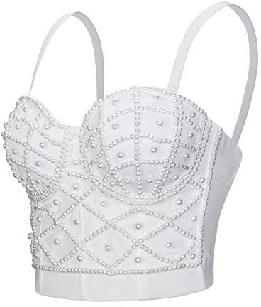 Woboren Push up Bustier Crop Top para mujer Gothic Punk Rhinestone Corset Clubwear Party Bra (Blanco, XS)