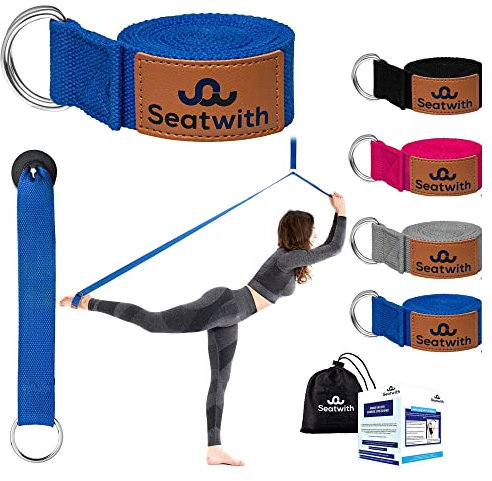 Seatwith Sangle Yoga avec Boucle Métallique D - Bande Non Élastique pour Stretching - Sac de Transport + Ancre de Porte et Instructions PDF Inclus - Pour Fitness, Pilates, Physiothérapie - Bleu