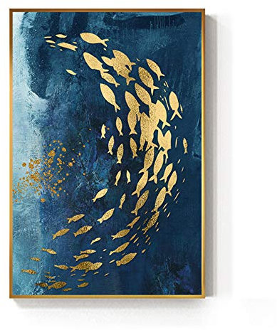 YIYAOFBH Quadro su Tela Pesce Dorato Astratto Stampa Blu di Grandi Dimensioni Poster da Parete Lussuoso Arte da Parete per Soggiorno Corridoio Immagine Oro 50x70 cm / 19,7x 27,6 con Cornice