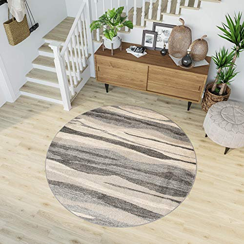 TAPISO Sari Teppich Rund Creme Braun Grau Modern Wüstemuster Safari Meliert Design Wohnzimmer Schlafzimmer ÖKOTEX 130 x 130 cm