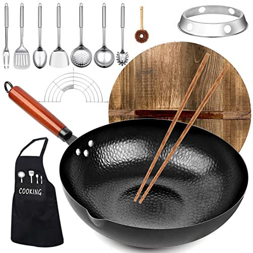 kaqinu Sartén wok de acero al carbono, juego de 14 woks y sartenes con tapa de madera, sin revestimiento químico, sartén china de fondo plano para inducción, eléctrica, gas, halógena, todas las