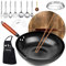 kaqinu Lot de 14 woks et poêles à frire en acier au carbone avec couvercle en bois, sans revêtement chimique, fond plat pour induction, électrique, gaz, halogène - 32,6 cm