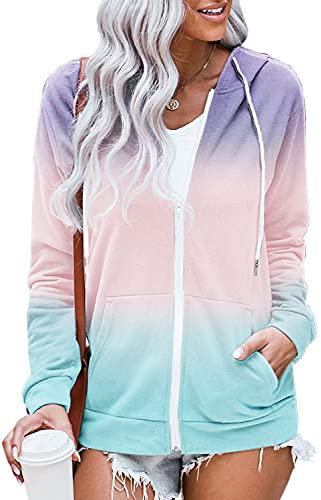 HVEPUO Klamotten Teenager Mädchen Zip Up Sweatjacke Damen Mit Kapuze Elegant Tumblr Clothes Dünne Hemdjacke College Jacke Vintage Tie Dye Herbstmode Hoodies Für Damen Lila Blau XS