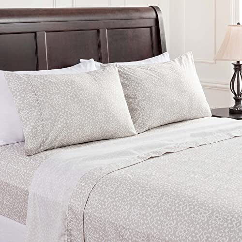 Chanasya Damast Ikat bedrucktes geometrisches Muster Queen-Size-Bettlaken-Set 4-teilig – 1 Bettlaken, 1 Spannbetttuch, 2 Kissenbezüge, ultraweich, schmutzabweisend, luxuriöse Mikrofasertücher – Grau