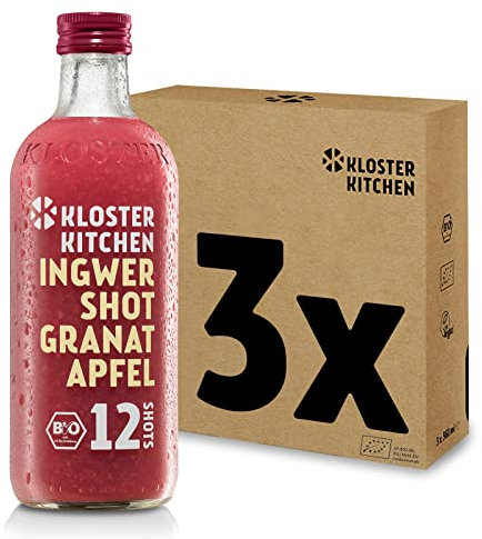 Kloster Kitchen Ingwer Shot, melograno 12SHOTS, 3 x 360 ml, con vero zenzero biologico, vegano, 12 shots per bottiglia di vetro (incl. 0,75€ di deposito)