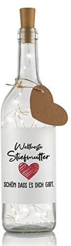 LIEBTASTISCH LED Flaschenlicht mit Spruch Weltbeste Stiefmutter, schön dass es dich gibt - Muttertag Geschenk für Stiefmutter - Flasche mit Lichterkette Flaschenkorken Korken - Inkl. Batterien