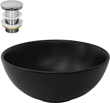 ML-Design Waschbecken aus Keramik in Schwarz matt Ø 32x13,5 cm Rund inkl. Ablaufgarnitur Silber, Moderne Aufsatzwaschbecken Waschtisch Waschschale Waschplatz Handwaschbecken, für Badezimmer/Gäste-WC