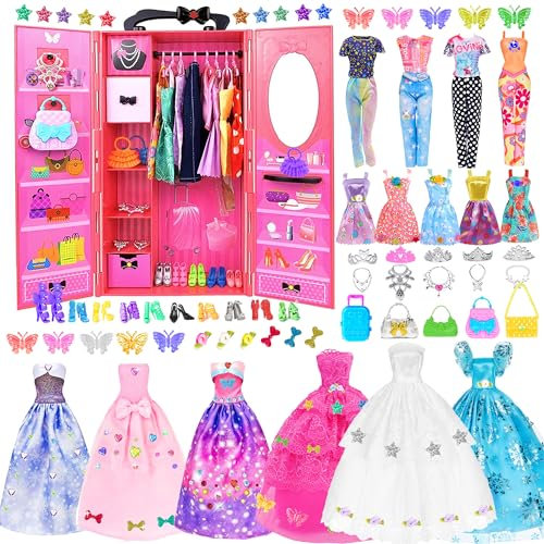 11.5 Zoll Mode Mädchen Puppe Schrank Gesamtspielset 145pc umfassen Kleiderschrank Kleidung und Zubehör wie Prinzessin Kleid Schuhe Handtasche Halskette und DIY Aufkleber Dekoration