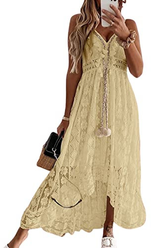CUPSHE Women Maxi Dress V-Neck Tassel Ruching Dress for Women Sleeveless Lace Up Smocking Ruffle Yellow XL