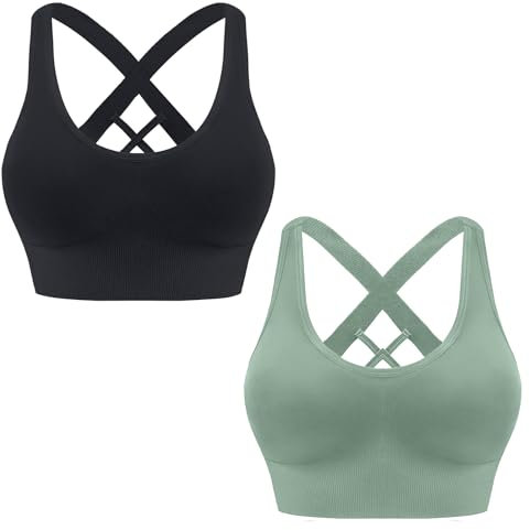HANERDUN Damen Mittle Halt Sport BH Crossback Push up Yoga Bra Nahtlose Ohne Buegel mit Abnehmbaren Gepolstert für Fitness Lauf Joggen