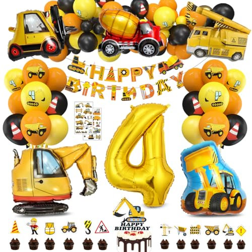 Bluelves XXL Bagger Deko Kindergeburtstag 4, Baustellen Geburtstagdeko Junge 4 Jahre, BAU Party Dekoration, Baustelle Luftballons Geburtstag mit Happy Birthday Banner