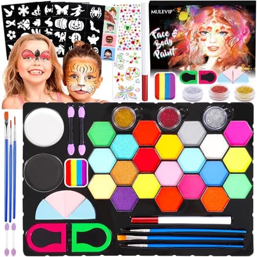 MULEVIP Pinturas Cara para Niños Pintacaras Infantil 27 Colores Pintura Cara Niños,Pintura de Cara para Niños con Plantillas y Pinceles,Gemas,Maquillaje de Halloween,Colores de Pintura Corporal