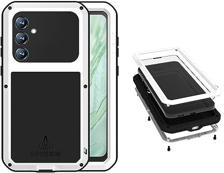 LOVE MEI for Samsung Galaxy S23 FE Metal Case, Heavy Duty Military Grade Rugged Cover Shockproof Dustproof Full Body Case with Built in Tempered Glass Screen Protector for Galaxy S23 FE (White)