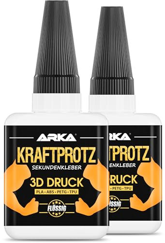 Arka 2x 50 g 3D DRUCK Sekundenkleber extra stark | Inkl. spezieller Spitze gegen Austrocknung | KRAFTPROTZ | Flüssiger Superkleber | Wasserfest | PLA-Kleber, ABS-Kleber, PETG-Kleber & TPU-Kleber